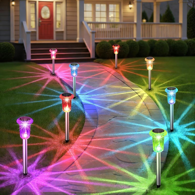 Eyrosa Solar Outdoor Lights, 10 Pack Solar Pathway Lights Outdoor Waterproof, Stainless Steel Stake Lights for Garden Yard Path Walkway Driveway Patio Lawn Decor,Color Changing - Image 1